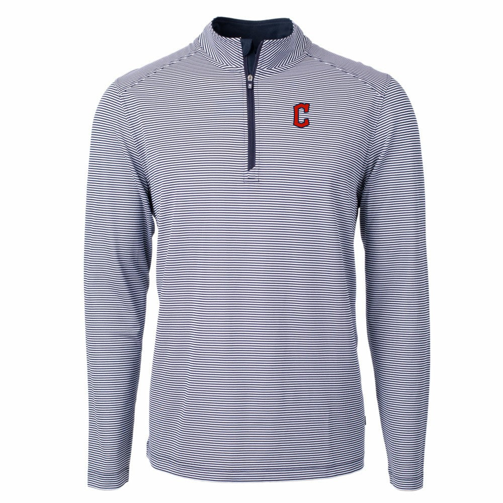 Cleveland Guardians Cutter & Buck Virtue Eco Pique Micro Stripe Recycled Quarter-Zip Pullover Top - Navy/White - MLB Discount