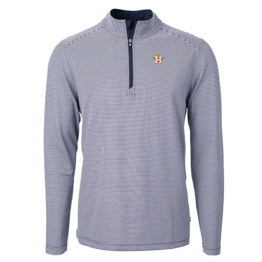 Houston Astros Cutter & Buck Virtue Eco Pique Micro Stripe Recycled Quarter-Zip Pullover Top - Navy/White - MLB Sale