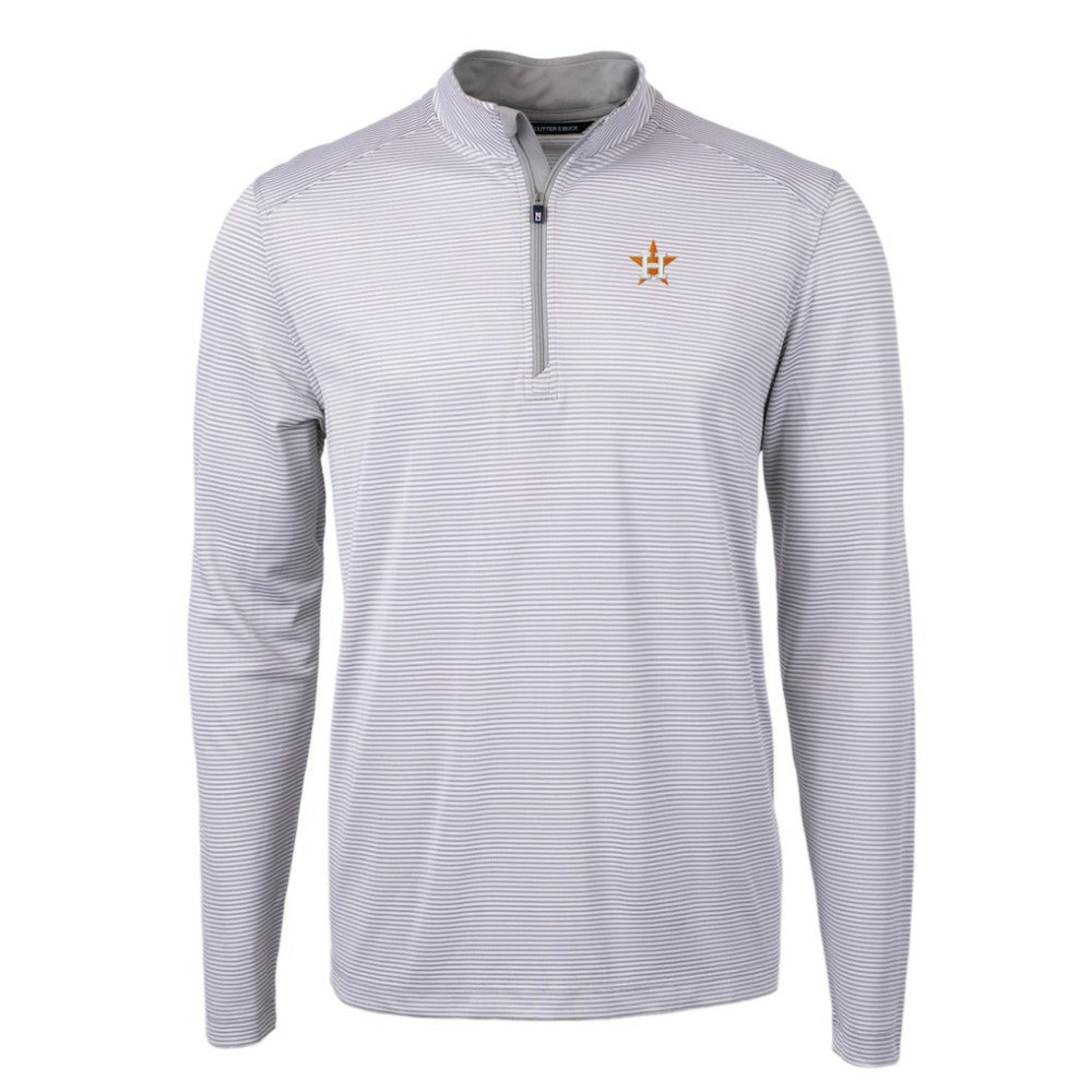 Houston Astros Cutter & Buck Virtue Eco Pique Micro Stripe Recycled Quarter-Zip Pullover Top - Gray/White - MLB on Sale