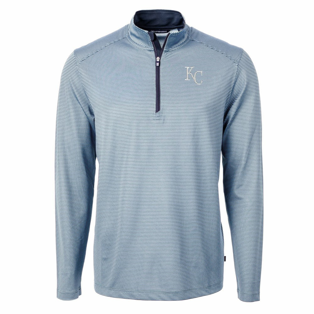 Kansas City Royals Cutter & Buck Virtue Eco Pique Micro Stripe Recycled Quarter-Zip Pullover Top - Light Blue/Navy - MLB on Sale