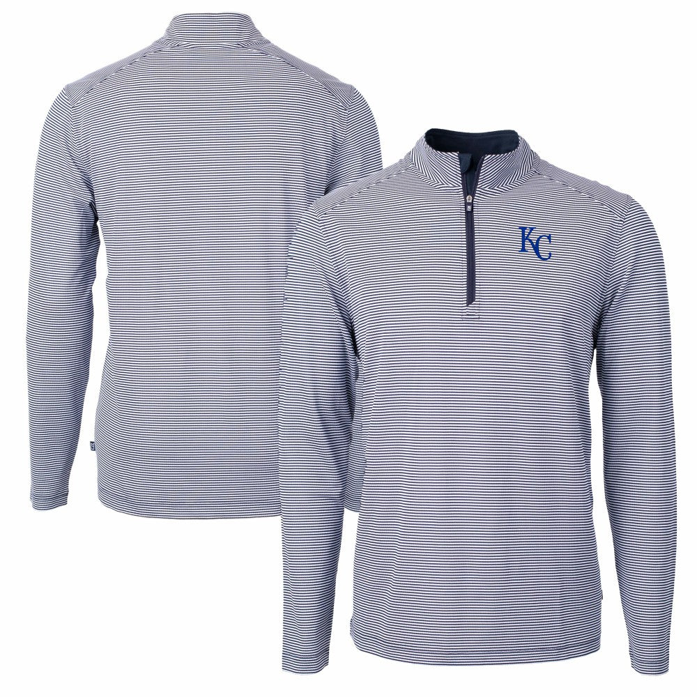 Kansas City Royals Cutter & Buck Virtue Eco Pique Micro Stripe Recycled Quarter-Zip Pullover Top - Navy/White - MLB Lifestyle