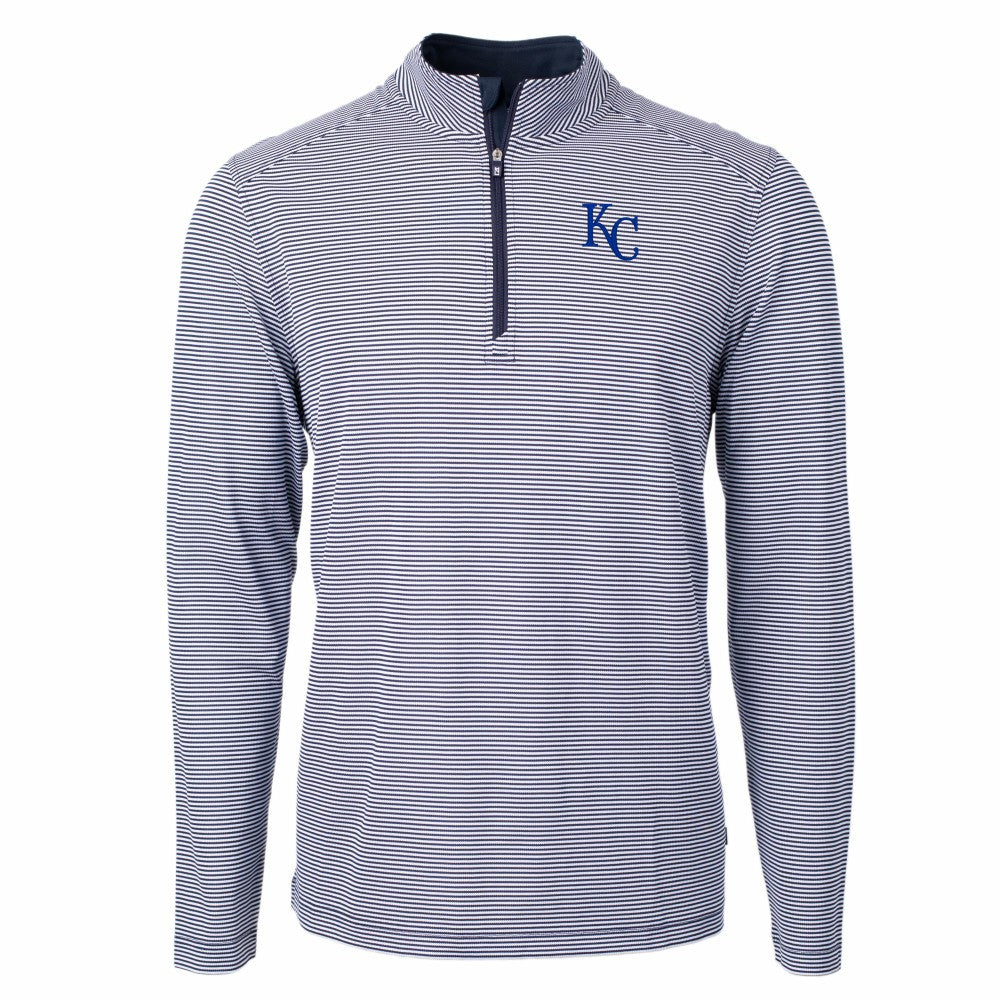 Kansas City Royals Cutter & Buck Virtue Eco Pique Micro Stripe Recycled Quarter-Zip Pullover Top - Navy/White - MLB Lifestyle