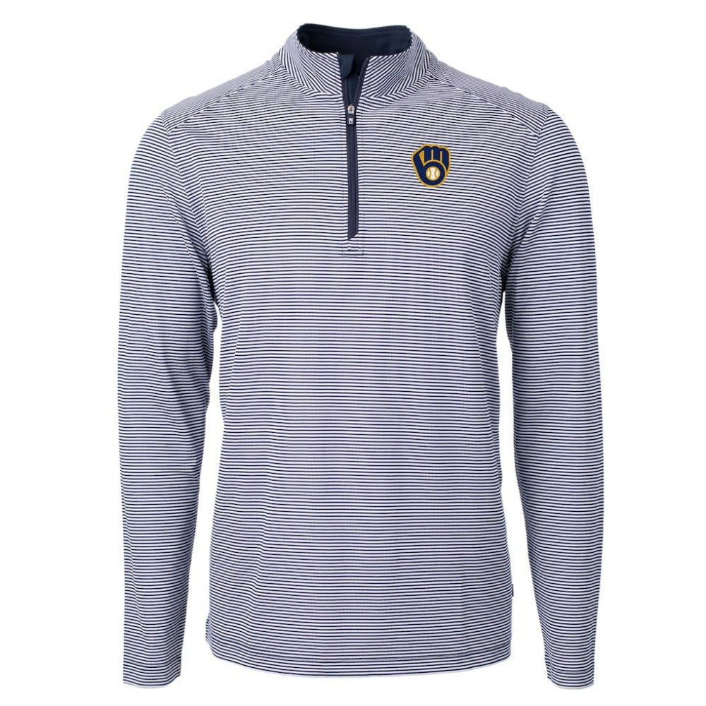 Milwaukee Brewers Cutter & Buck Virtue Eco Pique Micro Stripe Recycled Quarter-Zip Pullover Top - Navy/White - MLB on Sale