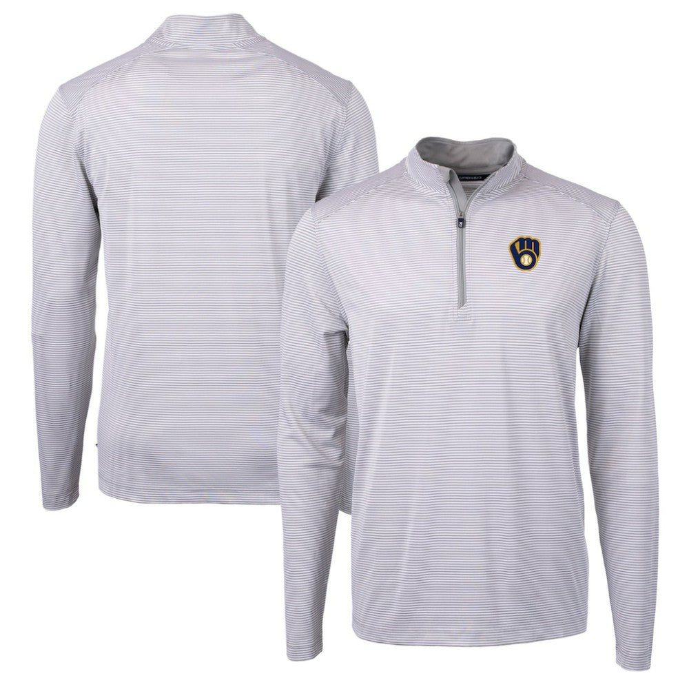 Milwaukee Brewers Cutter & Buck Virtue Eco Pique Micro Stripe Recycled Quarter-Zip Pullover Top - Gray/White - MLB on Sale