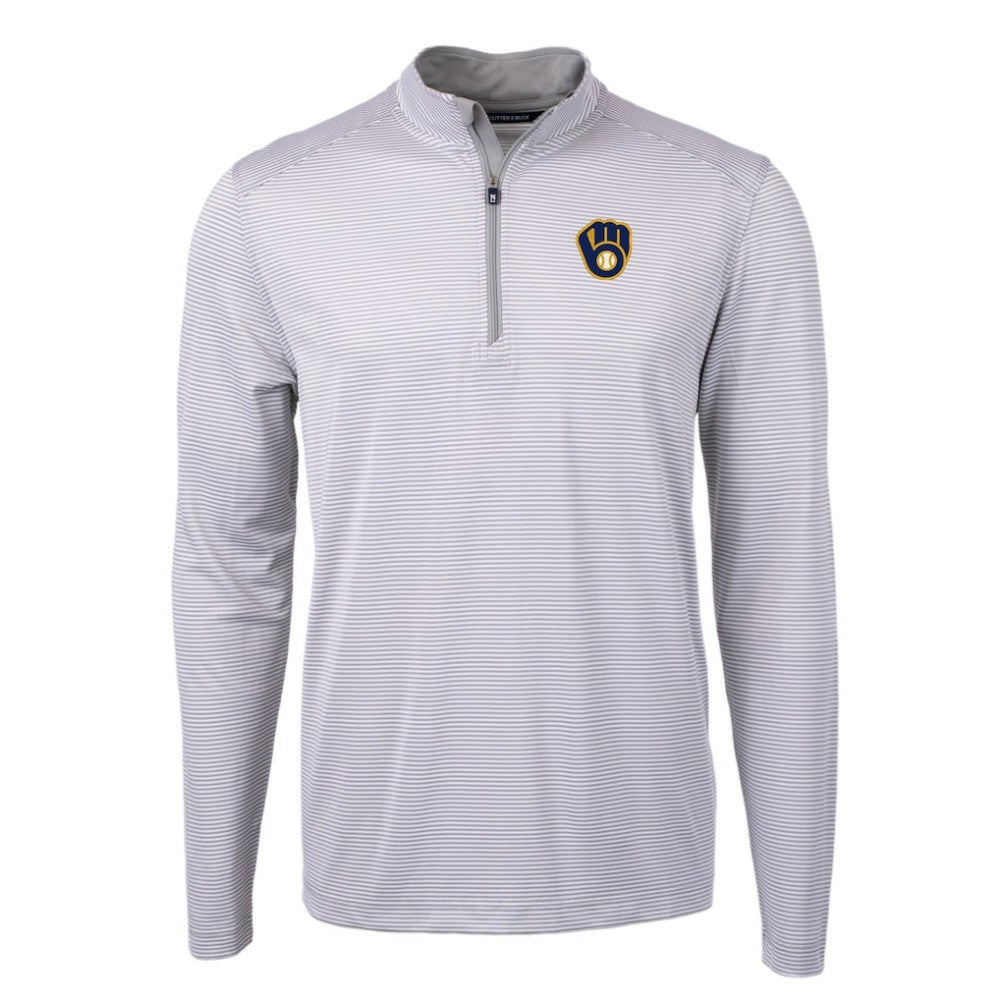 Milwaukee Brewers Cutter & Buck Virtue Eco Pique Micro Stripe Recycled Quarter-Zip Pullover Top - Gray/White - MLB on Sale