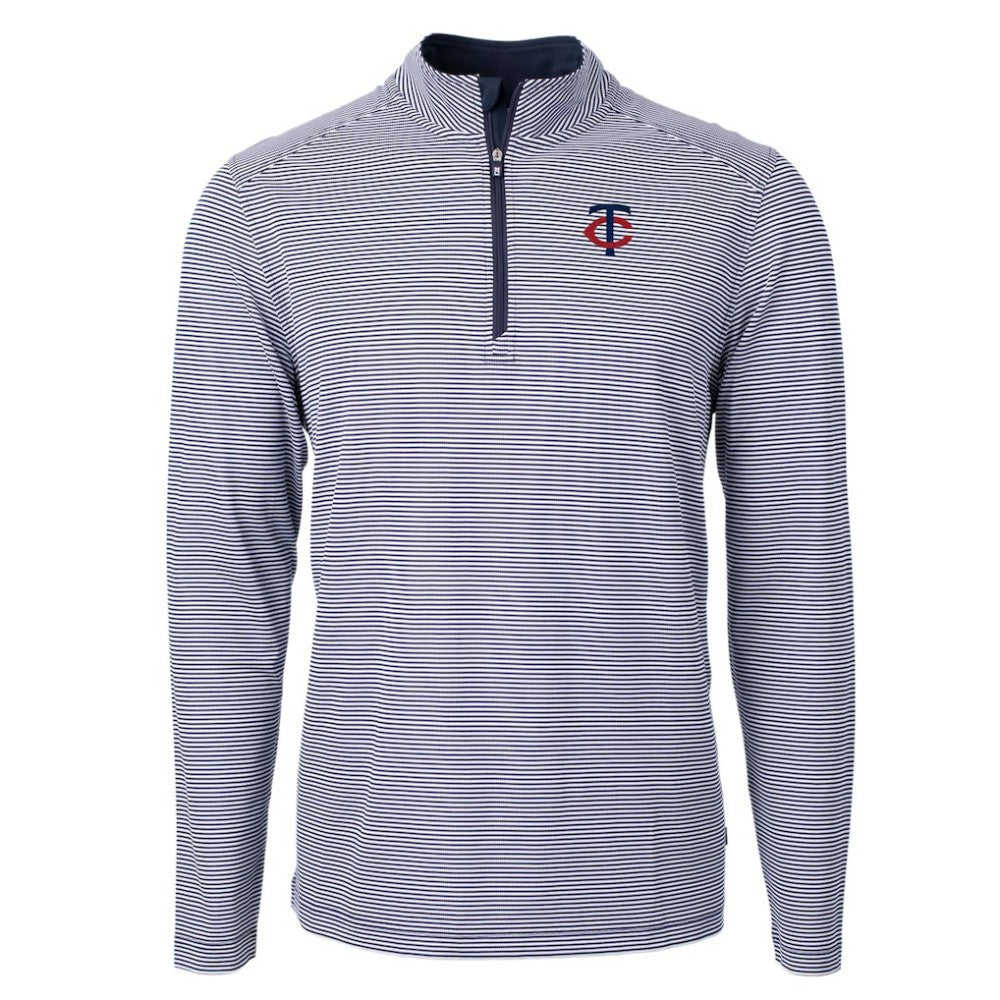 Minnesota Twins Cutter & Buck Virtue Eco Pique Micro Stripe Recycled Quarter-Zip Pullover Top - Navy/White - MLB Lifestyle
