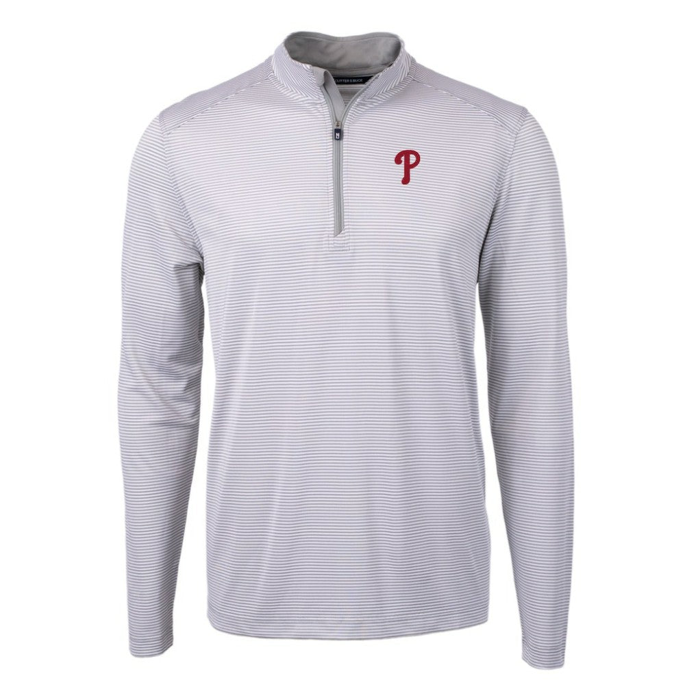 Philadelphia Phillies Cutter & Buck Virtue Eco Pique Micro Stripe Recycled Quarter-Zip Pullover Top - Gray/White - MLB Discount