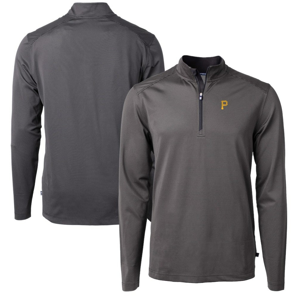 Pittsburgh Pirates Cutter & Buck Virtue Eco Pique Micro Stripe Recycled Quarter-Zip Pullover Top - Black/Gray - MLB on Sale