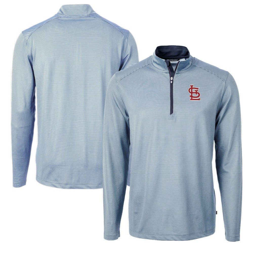 St. Louis Cardinals Cutter & Buck Virtue Eco Pique Micro Stripe Recycled Quarter-Zip Pullover Top - Light Blue/Navy - MLB Lifestyle