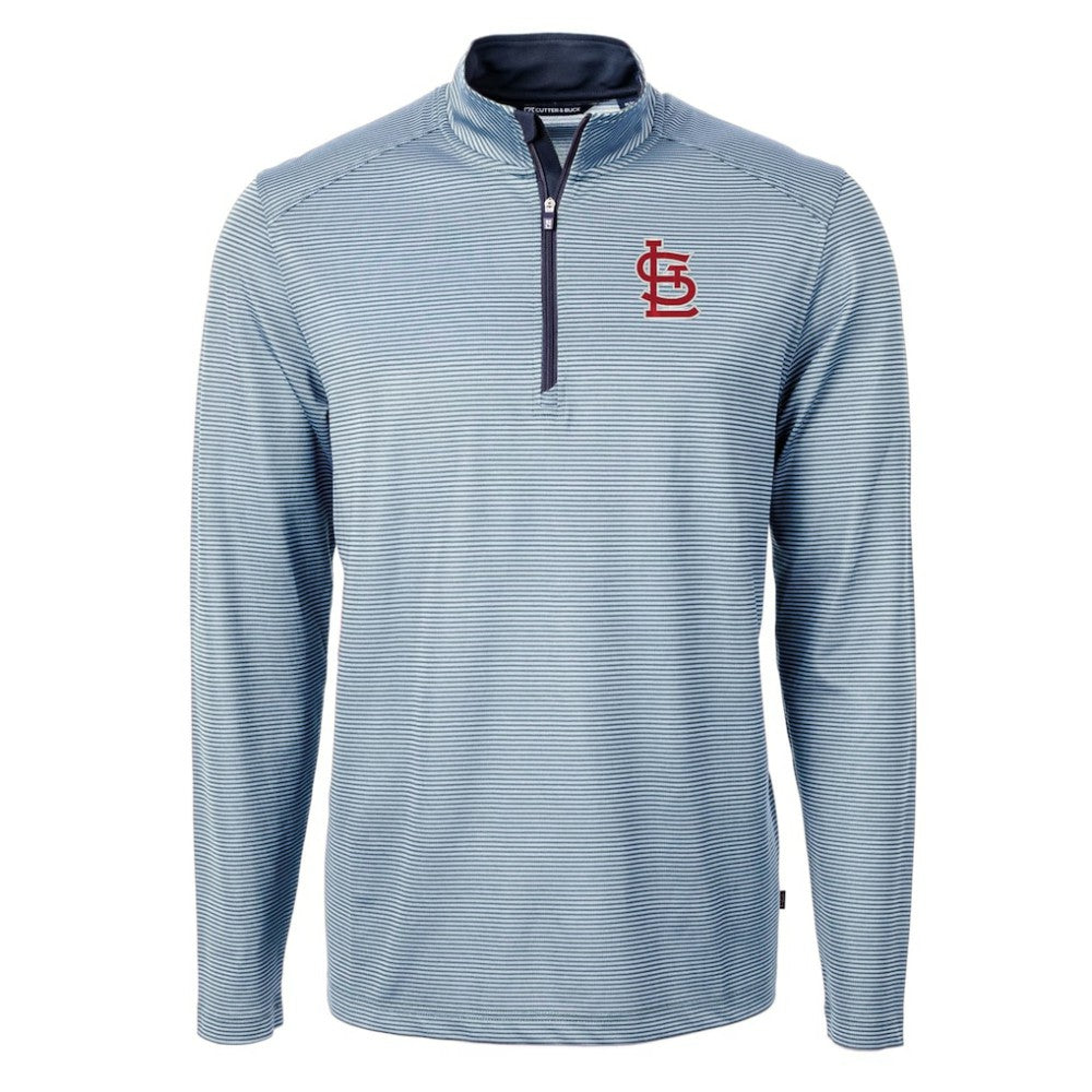 St. Louis Cardinals Cutter & Buck Virtue Eco Pique Micro Stripe Recycled Quarter-Zip Pullover Top - Light Blue/Navy - MLB Lifestyle