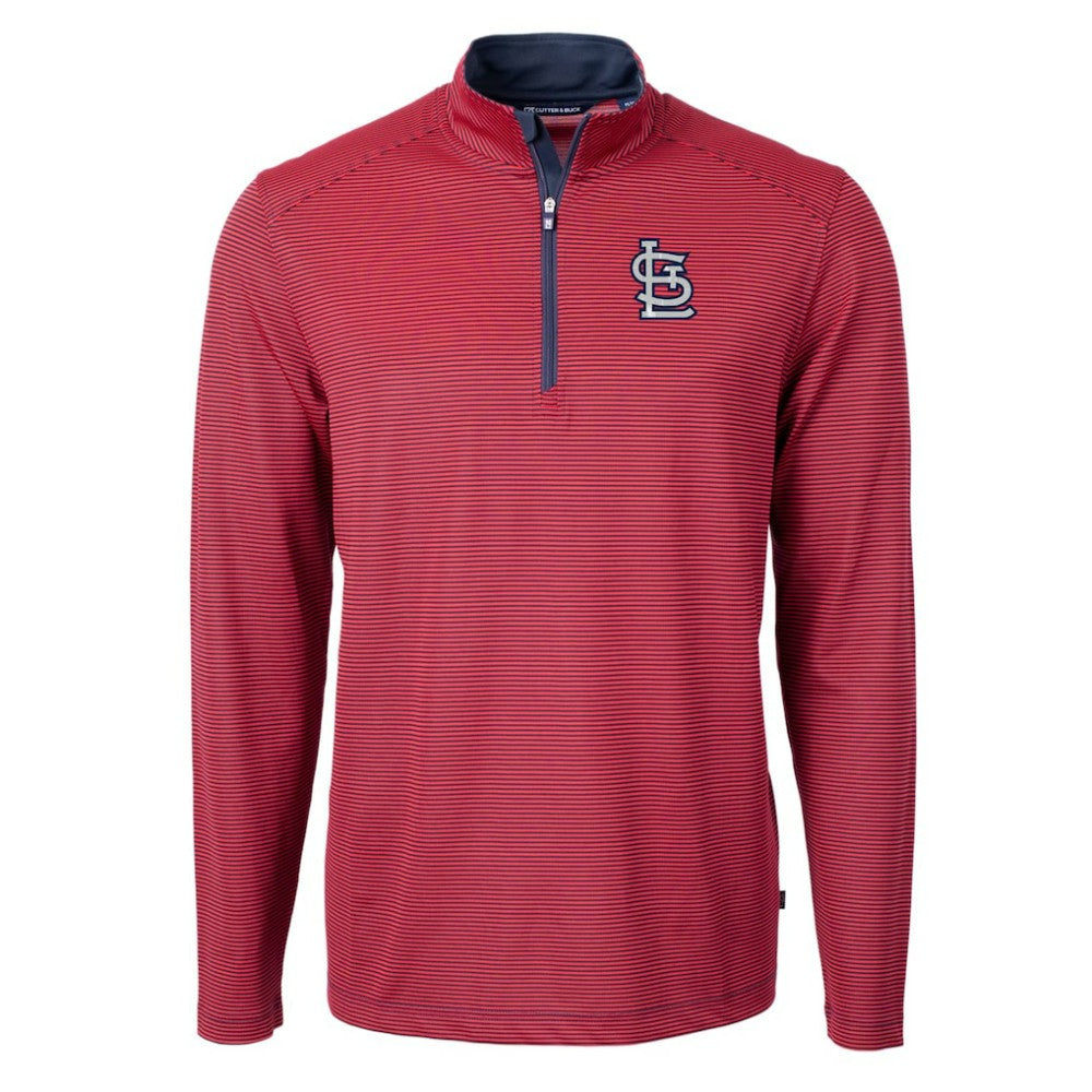 St. Louis Cardinals Cutter & Buck Virtue Eco Pique Micro Stripe Recycled Quarter-Zip Pullover Top - Red/Navy - MLB on Sale