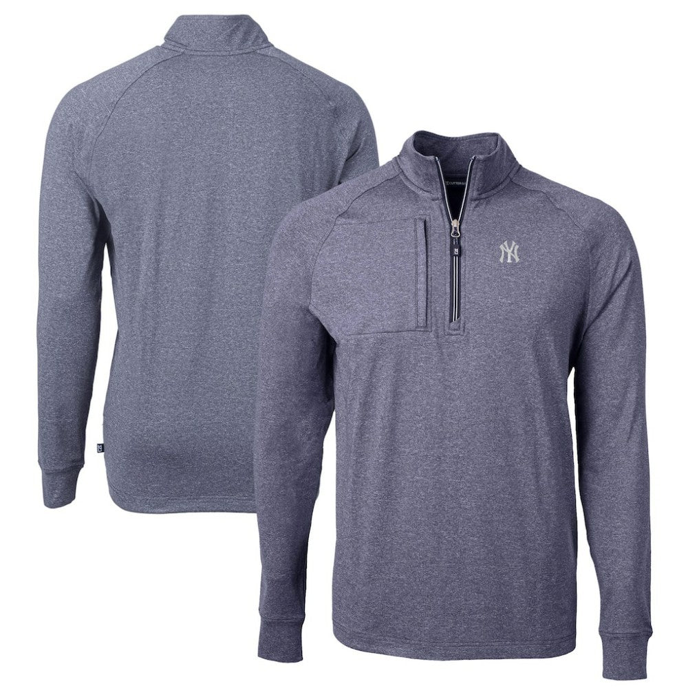 New York Yankees Cutter & Buck Adapt Eco Knit Stretch Recycled Quarter-Zip Pullover Top - Heather Navy - MLB Lifestyle