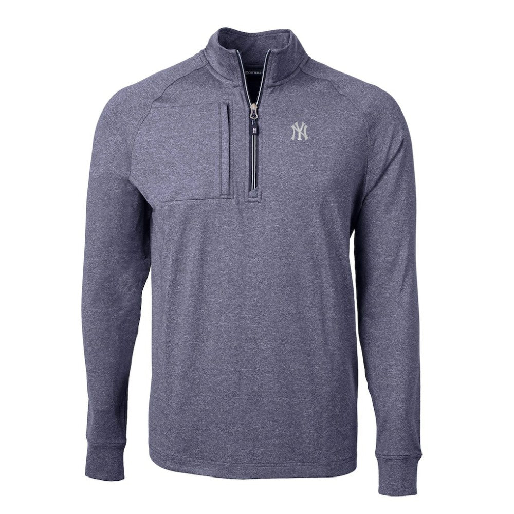 New York Yankees Cutter & Buck Adapt Eco Knit Stretch Recycled Quarter-Zip Pullover Top - Heather Navy - MLB Lifestyle