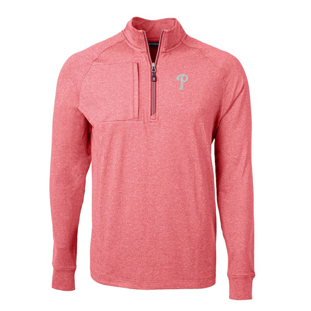 Philadelphia Phillies Cutter & Buck Adapt Eco Knit Stretch Recycled Quarter-Zip Pullover Top - Heather Red - MLB Discount
