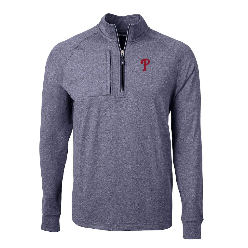 Philadelphia Phillies Cutter & Buck Adapt Eco Knit Stretch Recycled Quarter-Zip Pullover Top - Heather Navy - MLB Lifestyle