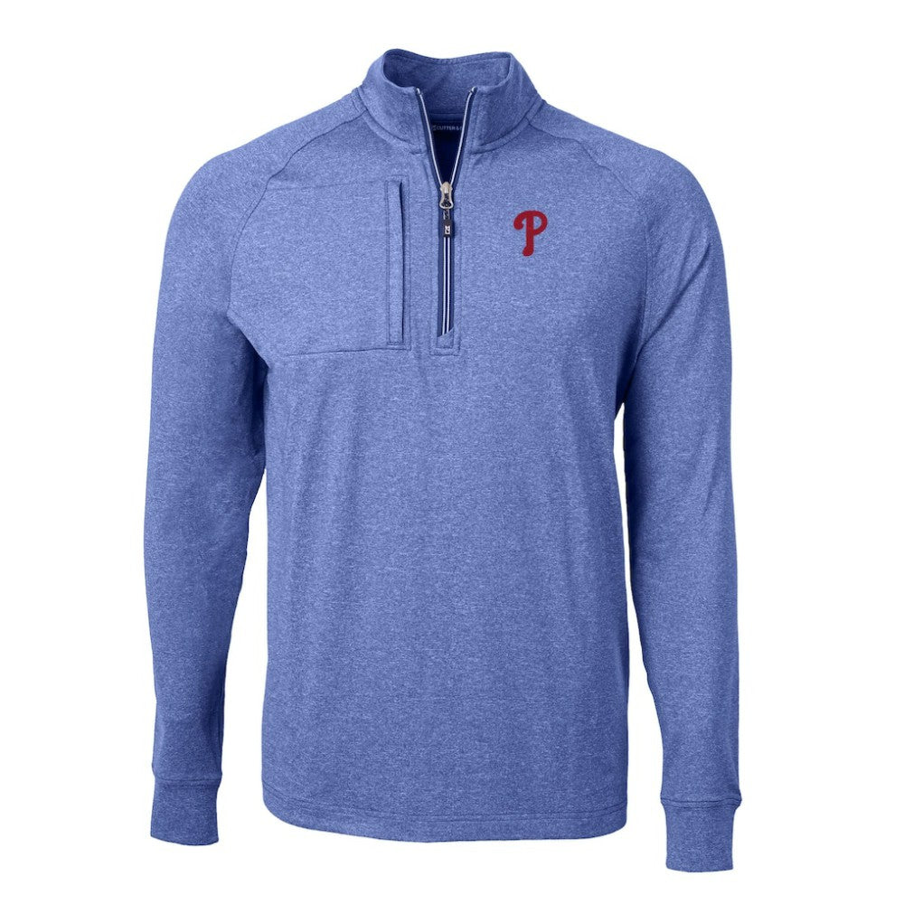 Philadelphia Phillies Cutter & Buck Adapt Eco Knit Stretch Recycled Quarter-Zip Pullover Top - Heather Royal - MLB Discount