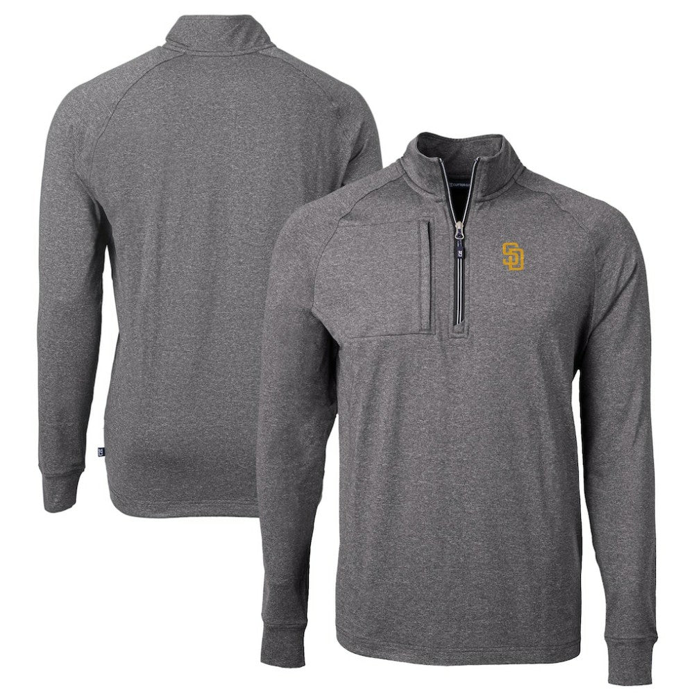 San Diego Padres Cutter & Buck Adapt Eco Knit Stretch Recycled Quarter-Zip Pullover Top - Heather Black - MLB Sale