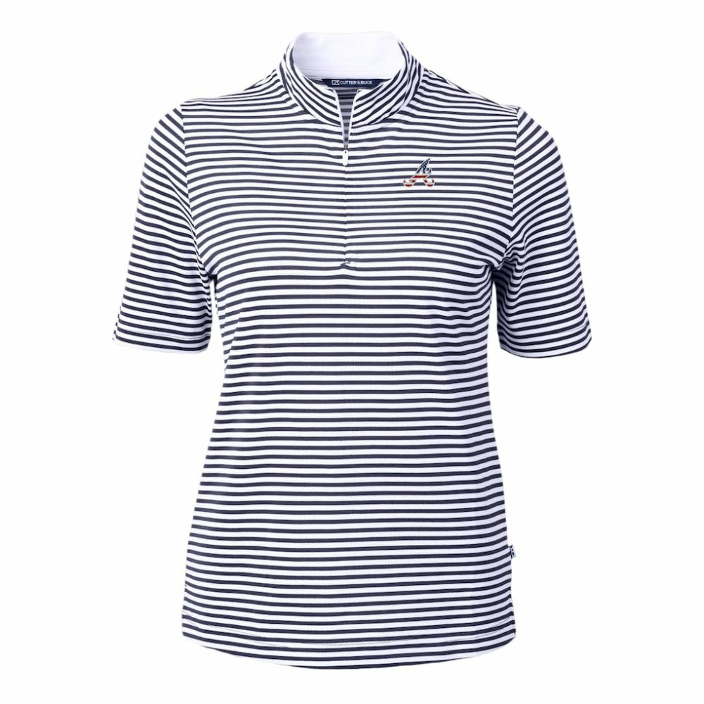 Atlanta Braves Cutter & Buck Women's Virtue Eco Pique Stripe Recycled Quarter-Zip Pullover Top - Navy - MLB on Sale