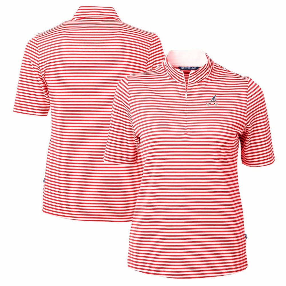Atlanta Braves Cutter & Buck Women's Virtue Eco Pique Stripe Recycled Quarter-Zip Pullover Top - Red - MLB Online