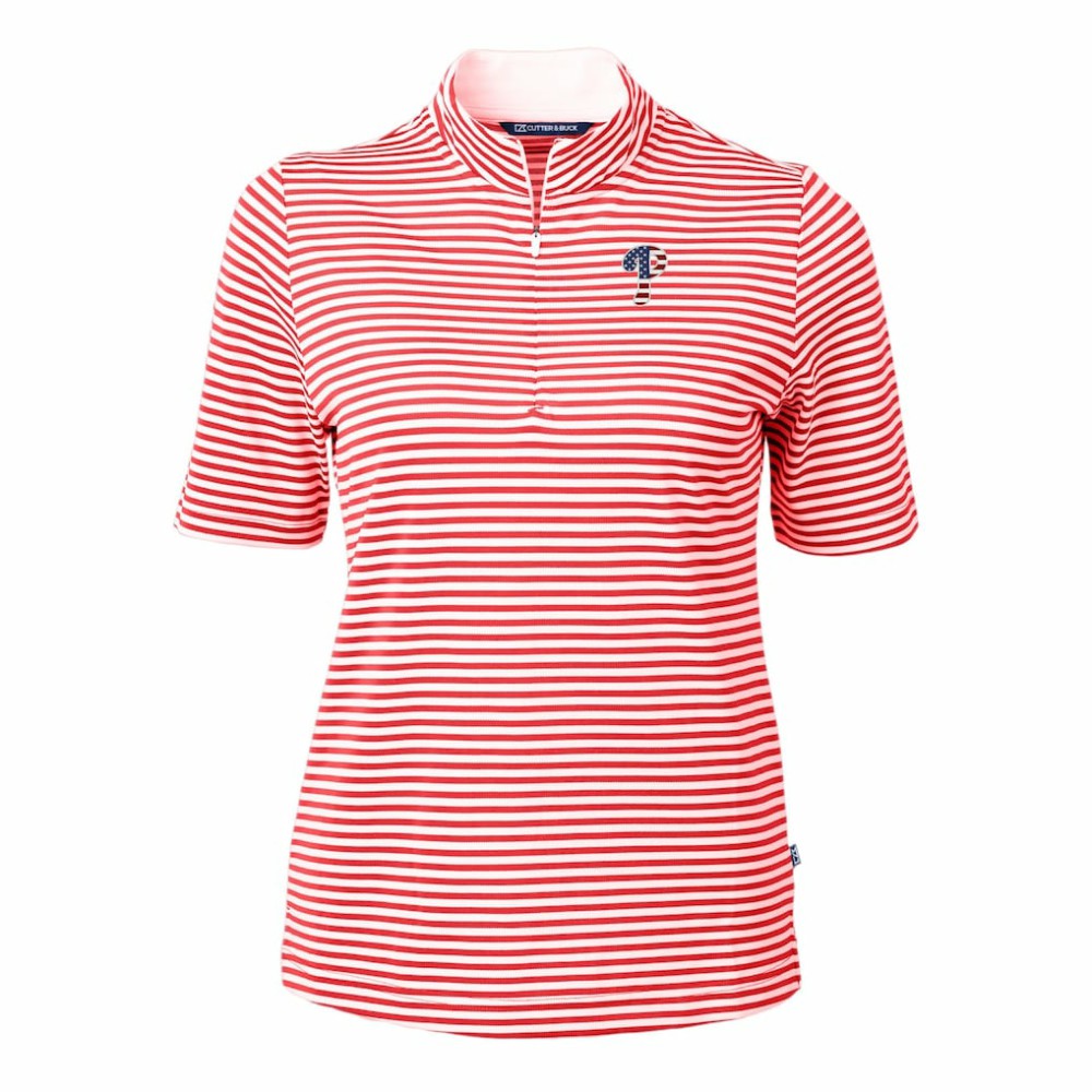 Philadelphia Phillies Cutter & Buck Women's Virtue Eco Pique Stripe Recycled Quarter-Zip Pullover Top - Red - MLB Lifestyle