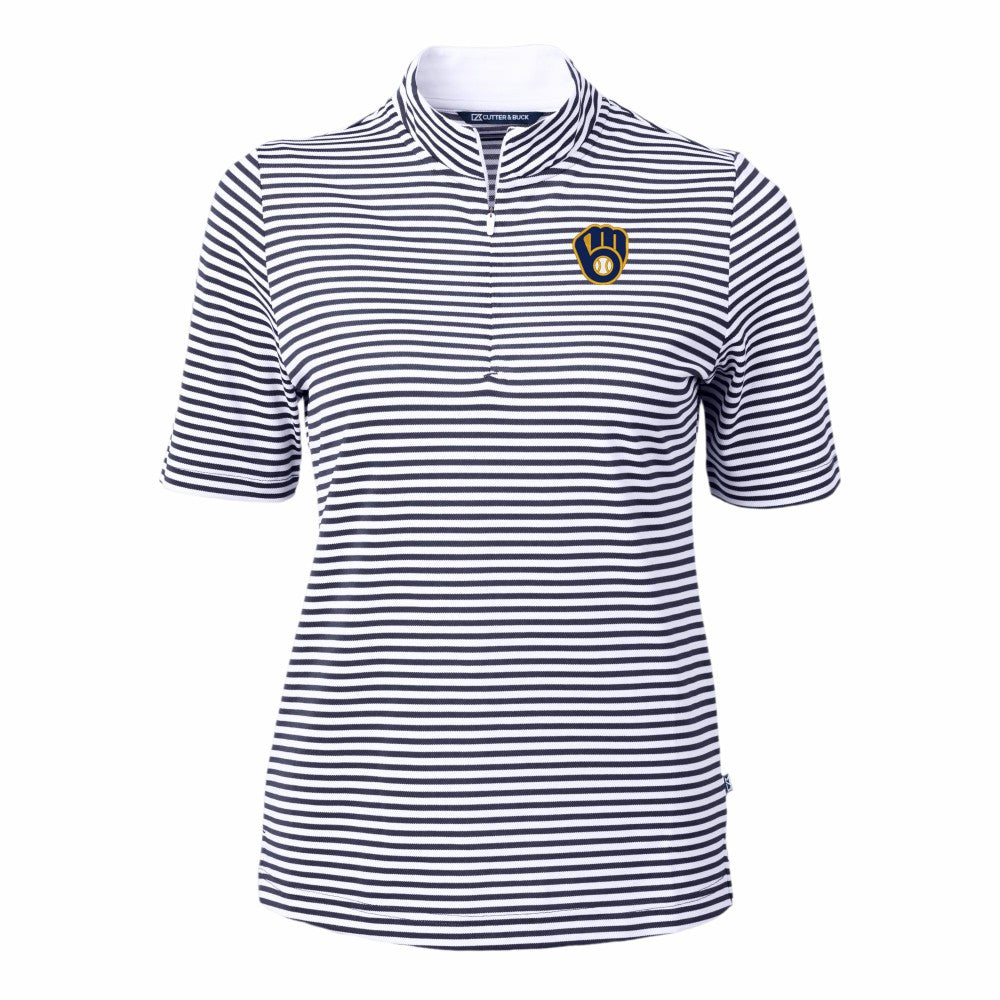 Milwaukee Brewers Cutter & Buck Women's Virtue Eco Pique Stripe Top - Navy - MLB Discount