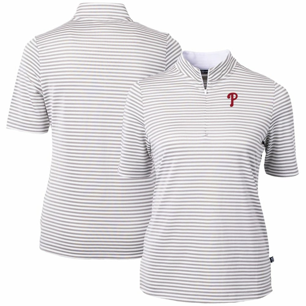Philadelphia Phillies Cutter & Buck Women's Virtue Eco Pique Stripe Top - Gray - MLB Discount