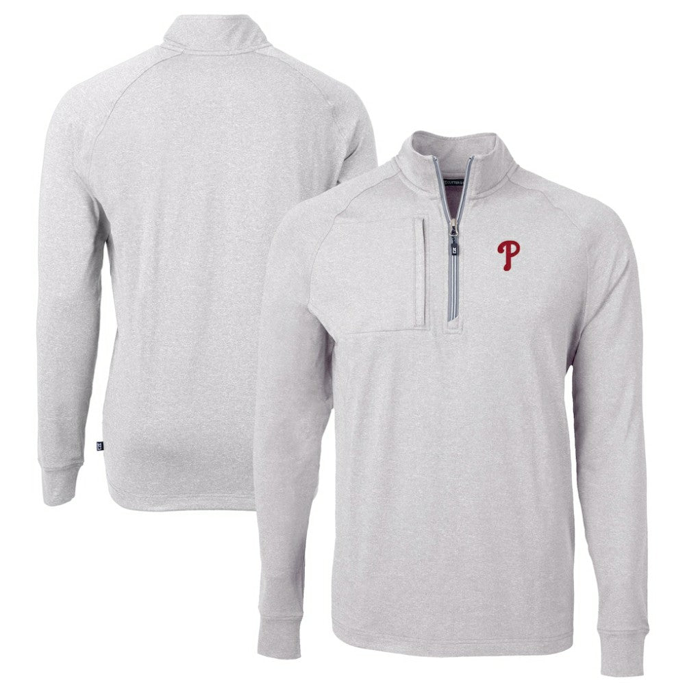Philadelphia Phillies Cutter & Buck Big & Tall Adapt Eco Knit Stretch Recycled Quarter-Zip Pullover Top - Heather Gray - MLB Lifestyle