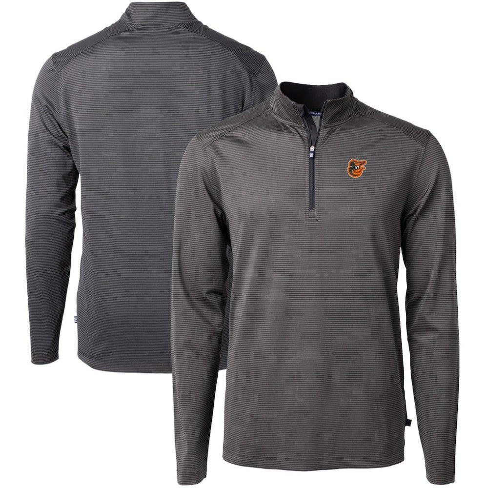 Baltimore Orioles Cutter & Buck Virtue Eco Pique Micro Stripe Big & Tall Recycled Quarter-Zip Pullover Top - Black/Gray - MLB Discount