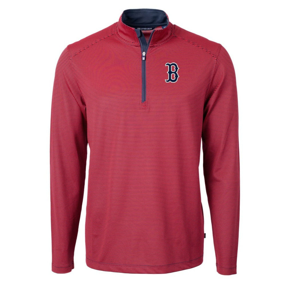 Boston Red Sox Cutter & Buck Virtue Eco Pique Micro Stripe Big & Tall Recycled Quarter-Zip Pullover Top - Red/Navy - MLB Lifestyle