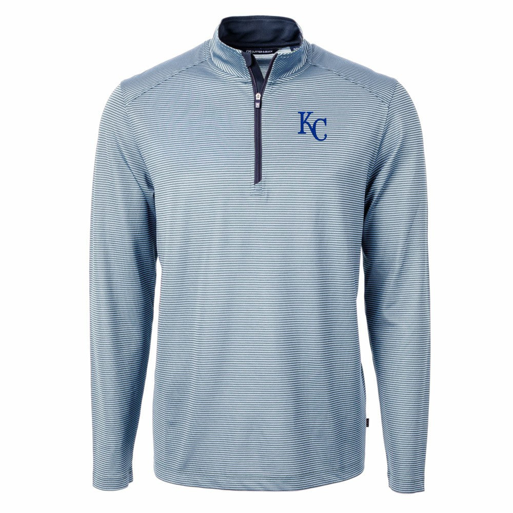Kansas City Royals Cutter & Buck Virtue Eco Pique Micro Stripe Big & Tall Recycled Quarter-Zip Pullover Top - Light Blue/Navy - MLB on Sale