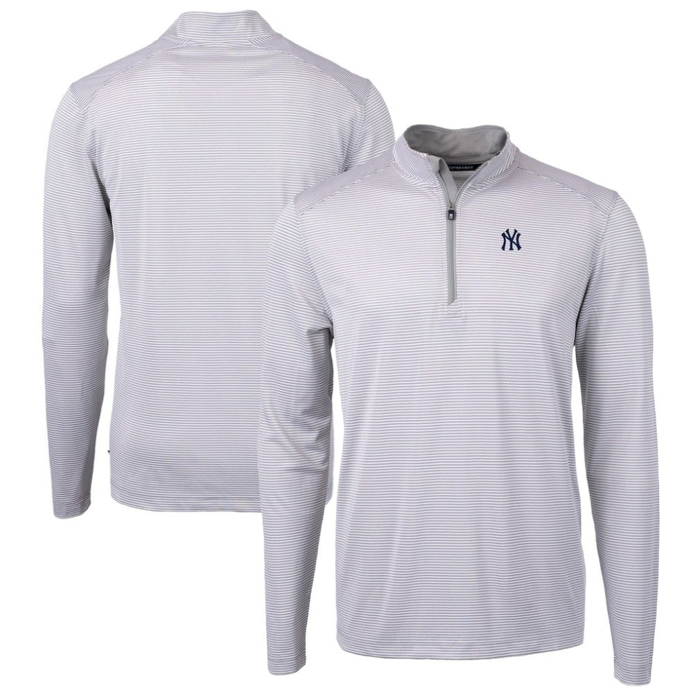 New York Yankees Cutter & Buck Virtue Eco Pique Micro Stripe Big & Tall Recycled Quarter-Zip Pullover Top - Gray/White - MLB on Sale