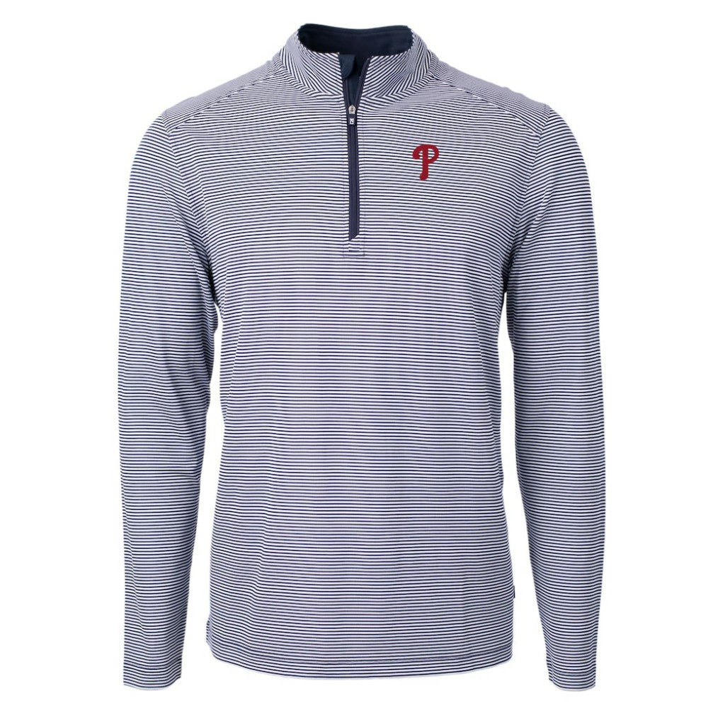 Philadelphia Phillies Cutter & Buck Virtue Eco Pique Micro Stripe Big & Tall Recycled Quarter-Zip Pullover Top - Navy/White - MLB Online