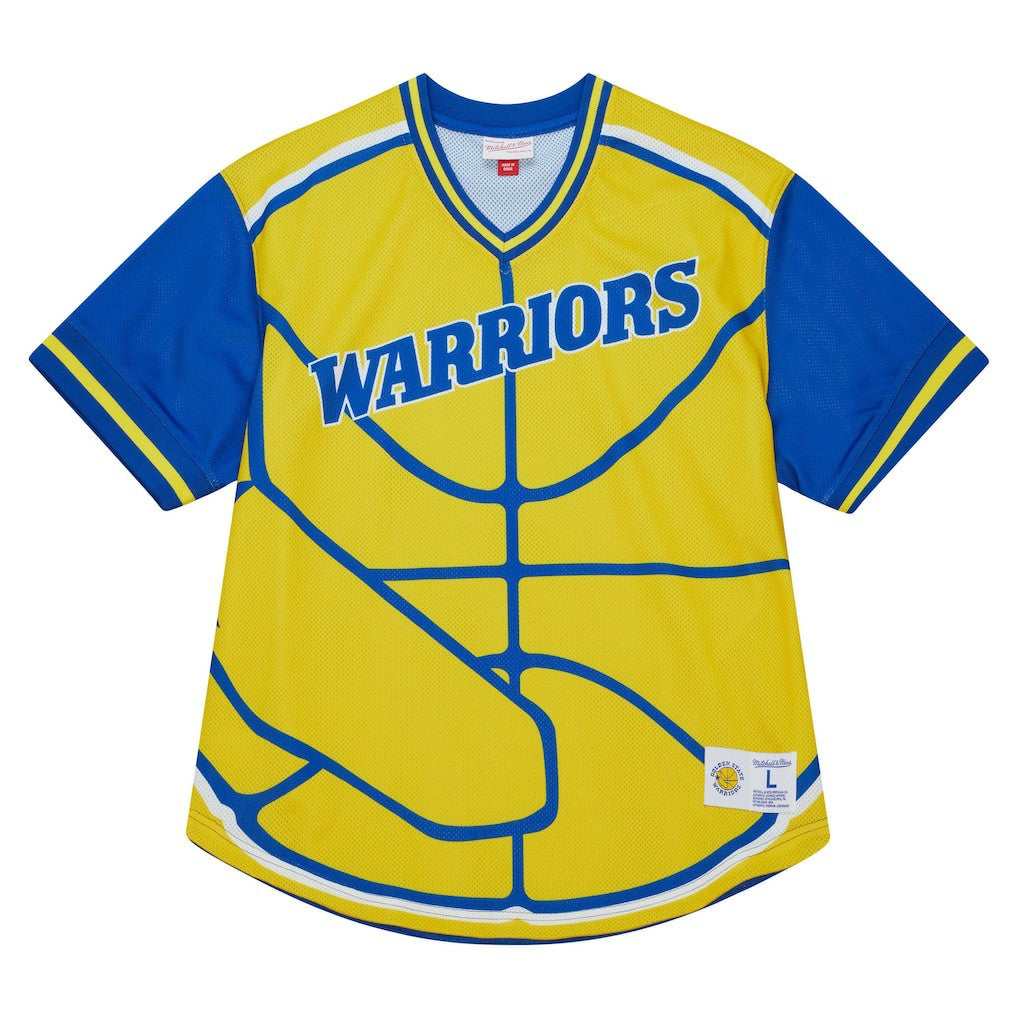 Golden State Warriors Jumbotron 3.0 Mesh V-Neck T-Shirt for sale Gold | Mitchell & Ness Lifestyle
