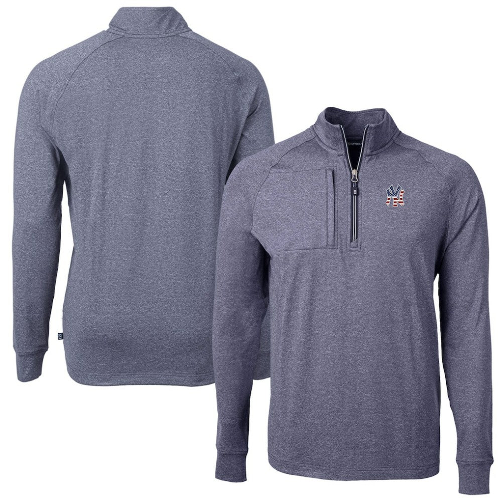 New York Yankees Cutter & Buck Americana Logo Big & Tall Adapt Eco Knit Stretch Recycled Quarter-Zip Pullover Top - Heather Navy - MLB Sale