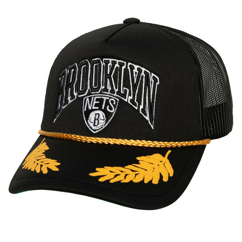 Brooklyn Nets Hardwood Classics Gold Leaf Mesh Trucker Snapback Hat Black | Mitchell & Ness Lifestyle