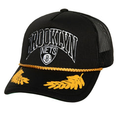 Brooklyn Nets Hardwood Classics Gold Leaf Mesh Trucker Snapback Hat Black | Mitchell & Ness Lifestyle