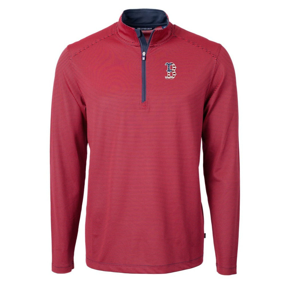 Boston Red Sox Cutter & Buck Americana Logo Virtue Eco Pique Stripe Recycled Quarter-Zip Pullover Top - Red - MLB Online