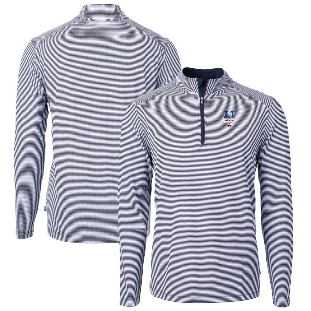 New York Mets Cutter & Buck Americana Logo Virtue Eco Pique Stripe Recycled Quarter-Zip Pullover Top - Navy - MLB Sale