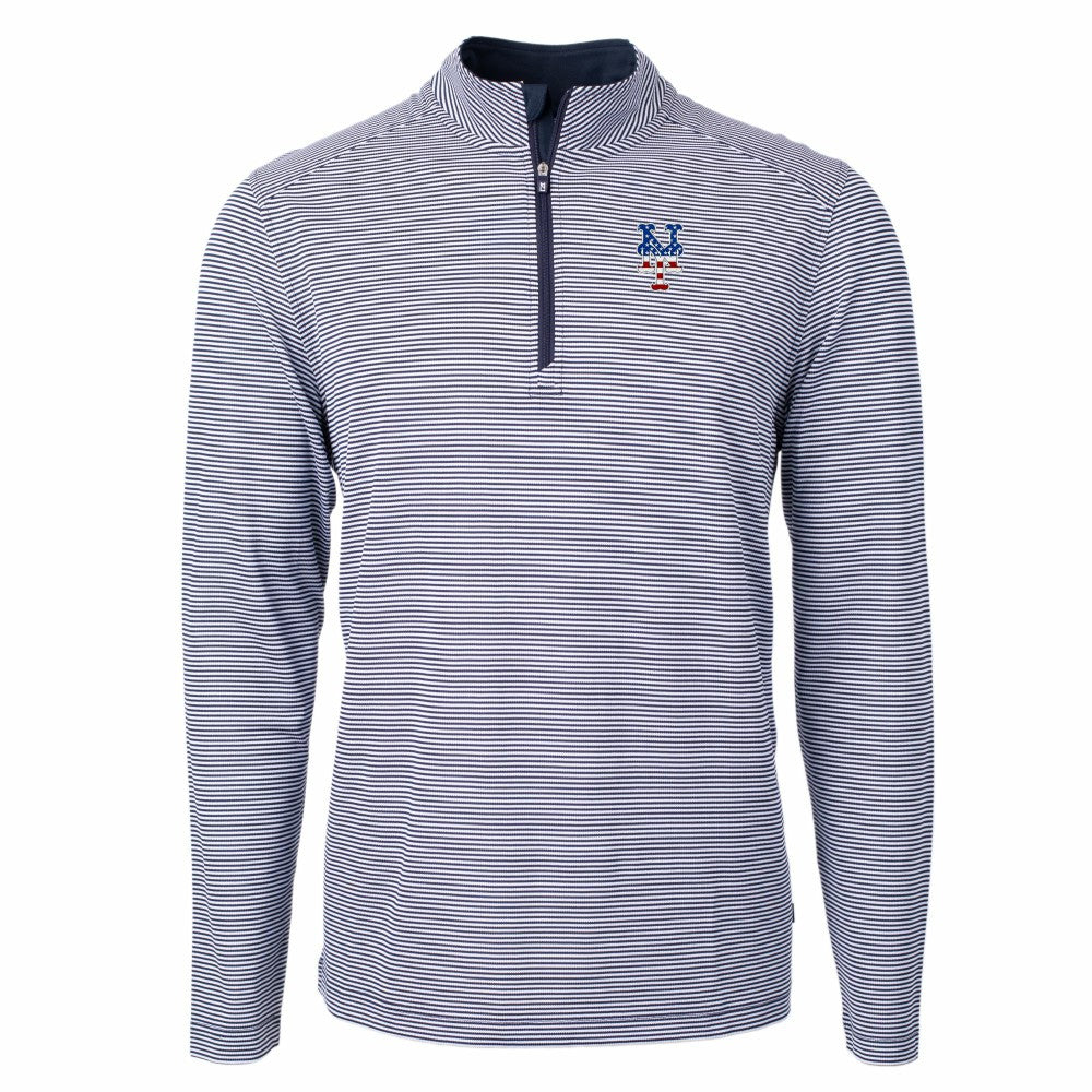 New York Mets Cutter & Buck Americana Logo Virtue Eco Pique Stripe Recycled Quarter-Zip Pullover Top - Navy - MLB Sale