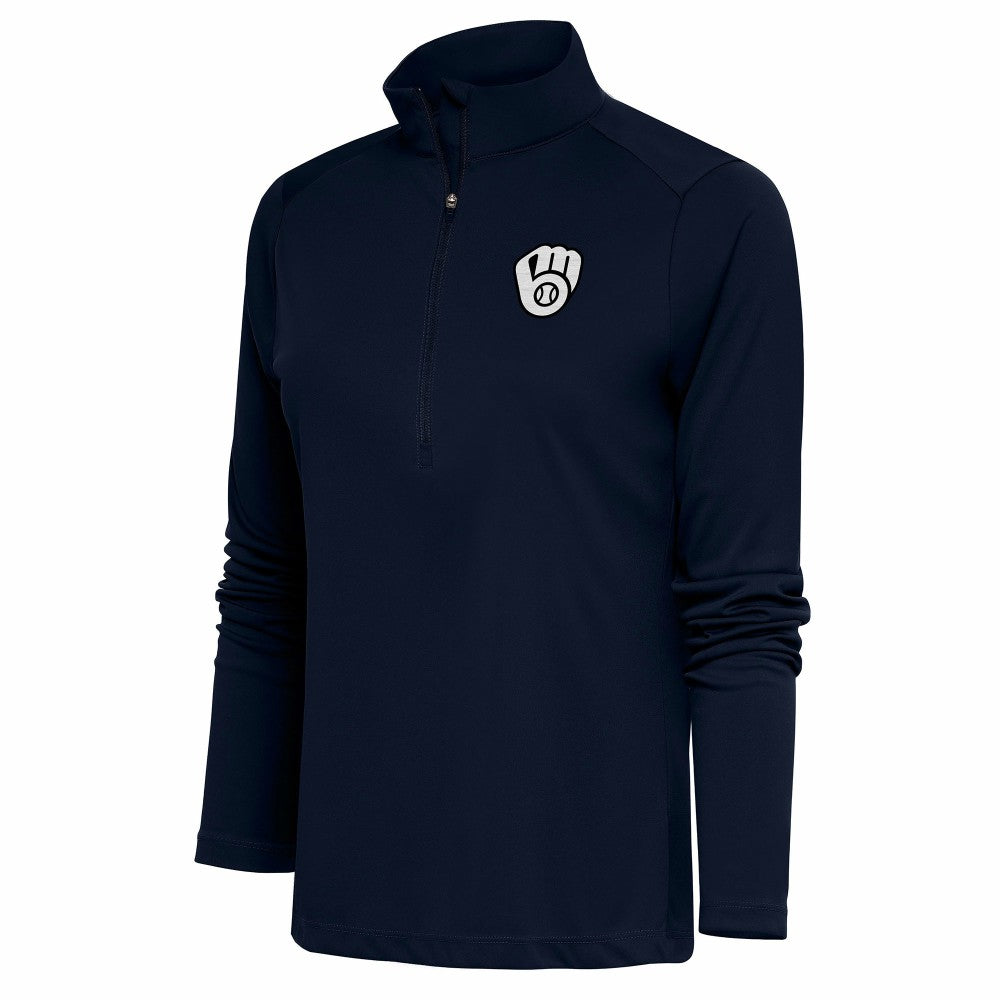 Milwaukee Brewers Antigua Women's Brushed Metallic Tribute Half-Zip Pullover Top - Navy - MLB on Sale