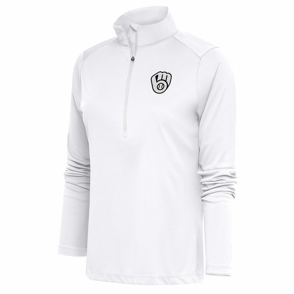Milwaukee Brewers Antigua Women's Brushed Metallic Tribute Half-Zip Pullover Top - White - MLB Online