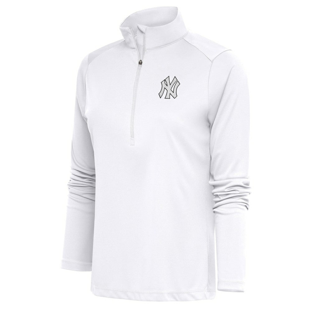 New York Yankees Antigua Women's Brushed Metallic Tribute Half-Zip Pullover Top - White - MLB Lifestyle
