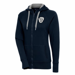 Milwaukee Brewers Antigua Women's Brushed Metallic Victory Full-Zip Hoodie - Navy - MLB Lifestyle