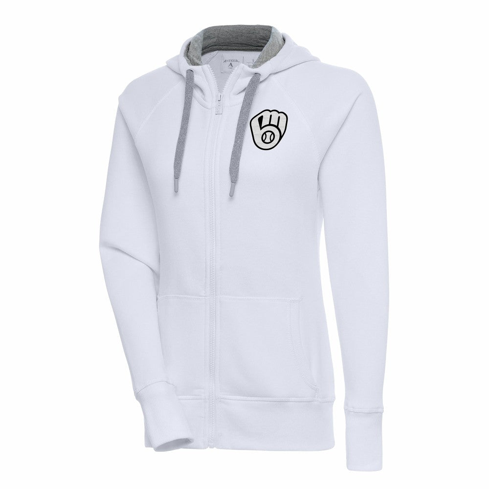 Milwaukee Brewers Antigua Women's Brushed Metallic Victory Full-Zip Hoodie - White - MLB Discount