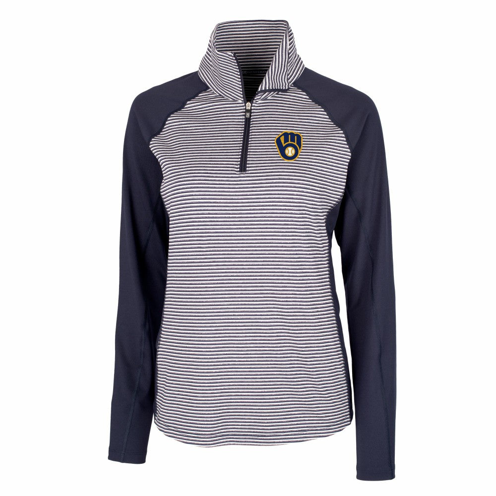 Milwaukee Brewers Cutter & Buck Women's DryTec Forge Tonal Stripe Half-Zip Top - Navy - MLB on Sale