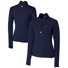 Philadelphia Phillies Cutter & Buck Women's DryTec Traverse Stretch Quarter-Zip Pullover Top - Navy - MLB Lifestyle