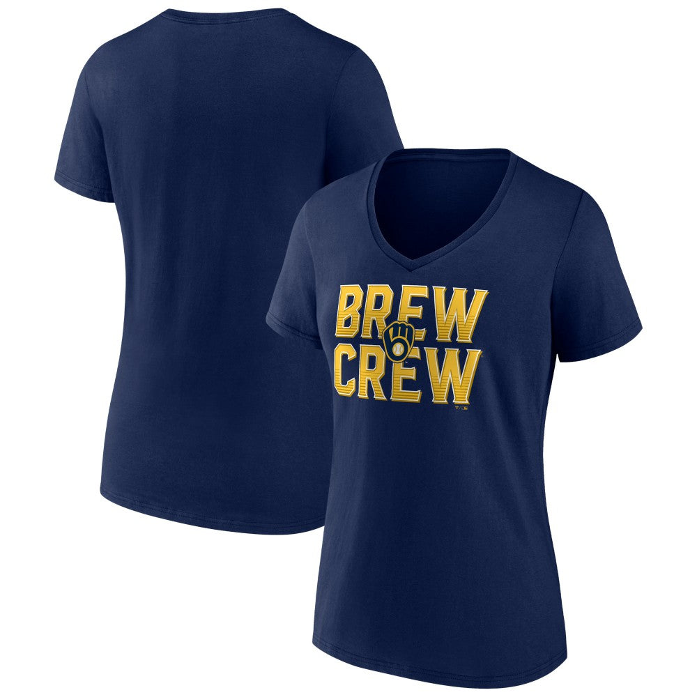 Milwaukee Brewers Women's Hometown Brew Crew Fancy V-Neck T-Shirt - Navy - MLB Discount