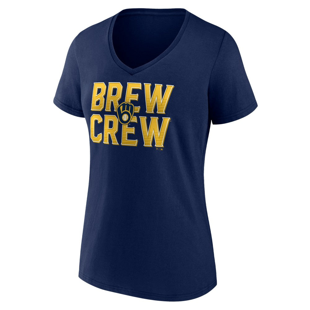 Milwaukee Brewers Women's Hometown Brew Crew Fancy V-Neck T-Shirt - Navy - MLB Discount
