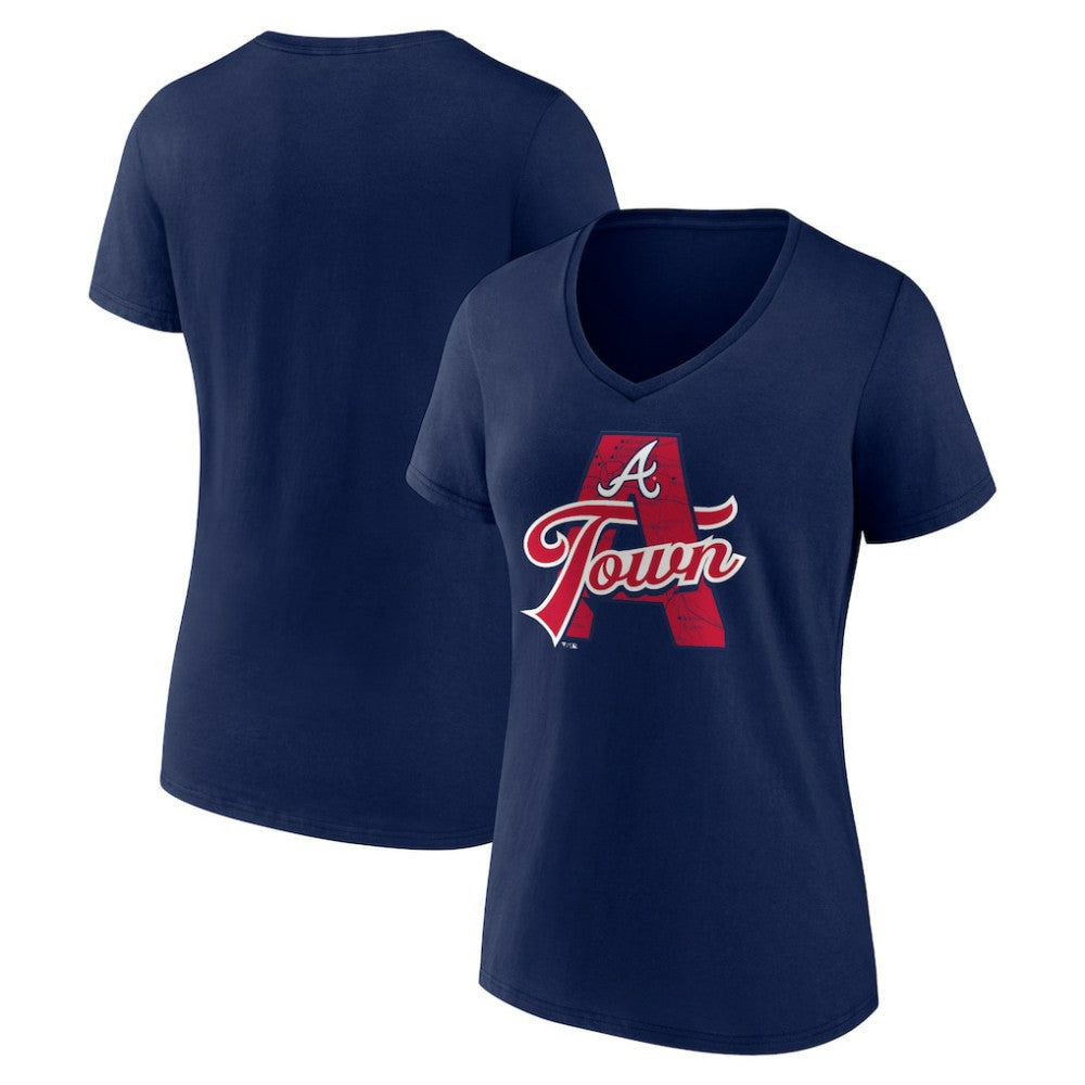 Atlanta Braves Women's Hometown A Town Map V-Neck T-Shirt - Navy - MLB Lifestyle