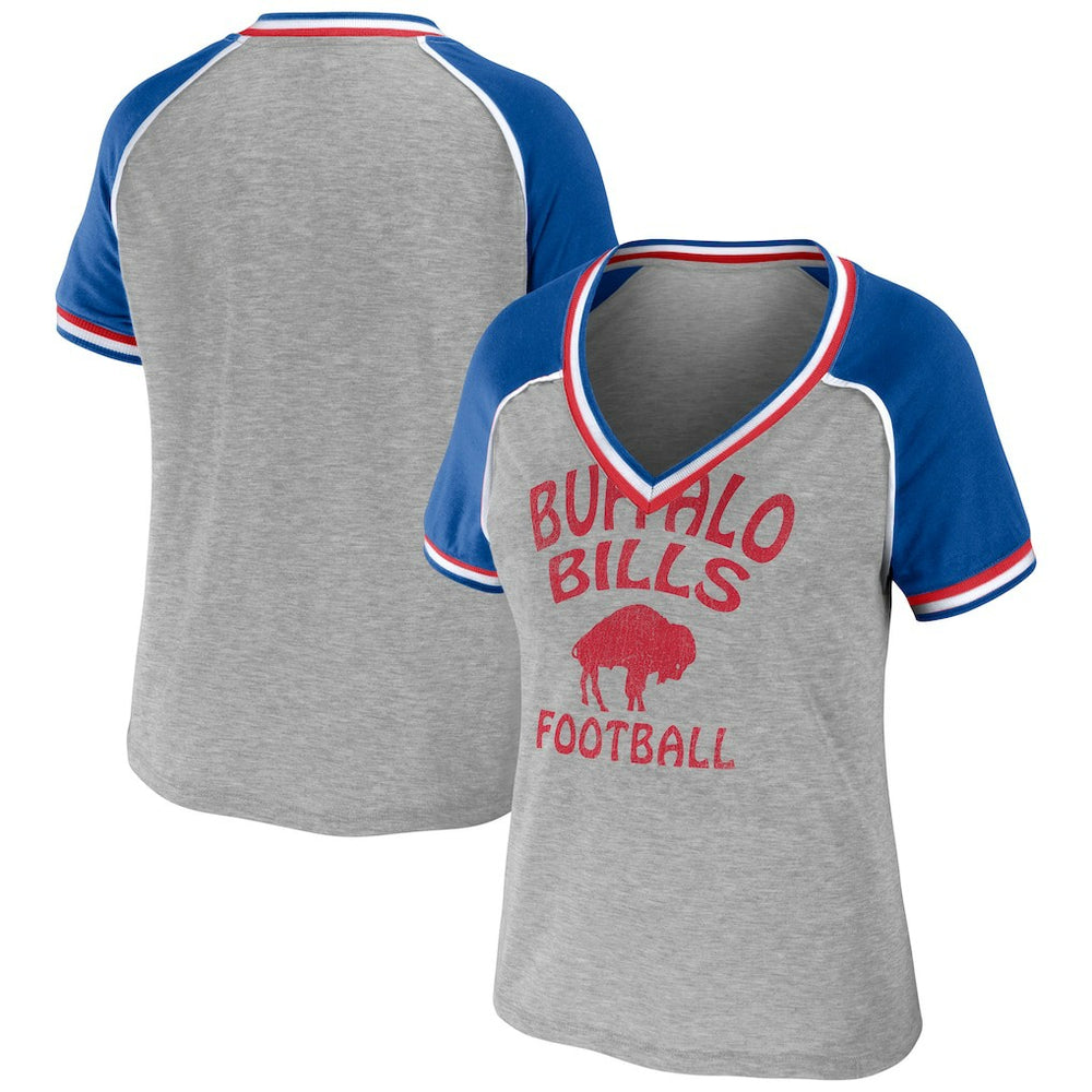 Buffalo Bills WEAR by Erin Andrews Women's Cropped Raglan Throwback V-Neck T-Shirt Heather Gray